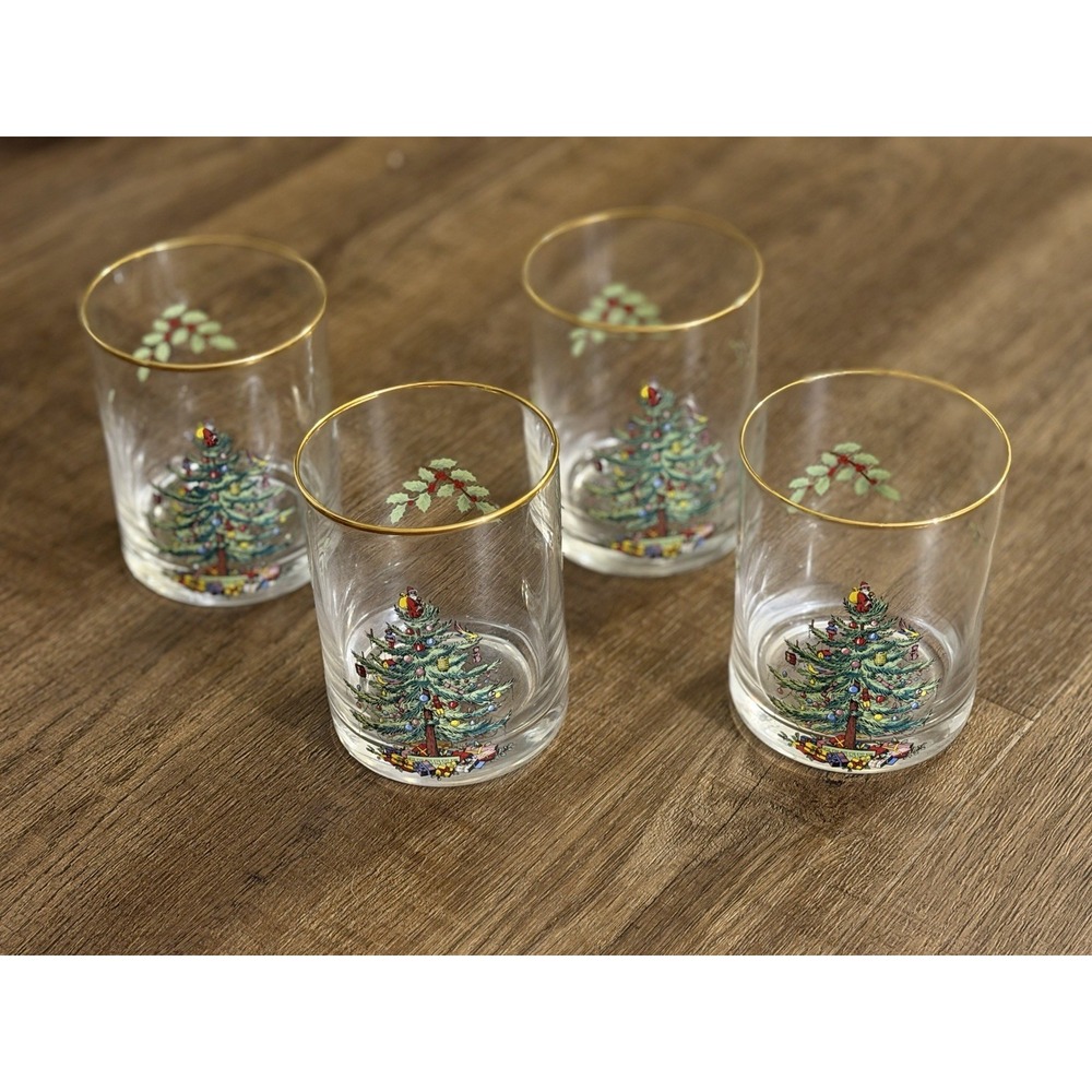 Set of 4 Vintage Spode Christmas Tree Double Old Fashioned Glasses 14oz Gold Rim